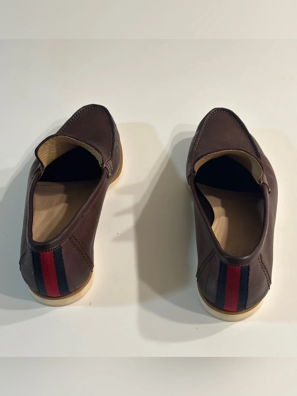 Gucci Mens Brown Pebbled Leather Loafers Web Stripe Heel Driver Shoes Size 10.5